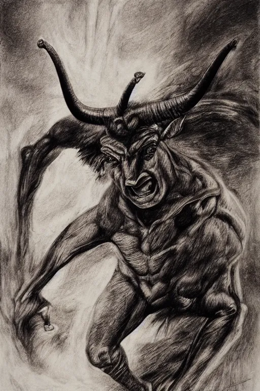 Prompt: pencil drawing of a flaming minotaur by norman ackroyd, h. r giger