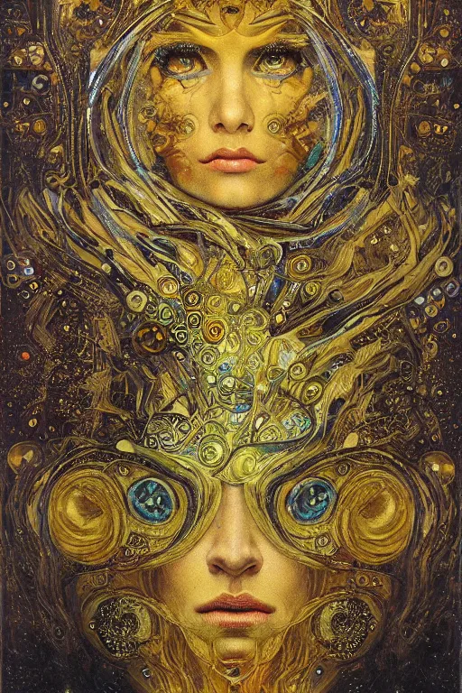 Image similar to Divine Machinery of Fate by Karol Bak, Jean Deville, Gustav Klimt, and Vincent Van Gogh, enigma, destiny, otherworldly, fractal structures, arcane, prophecy, ornate gilded medieval icon, third eye, spirals