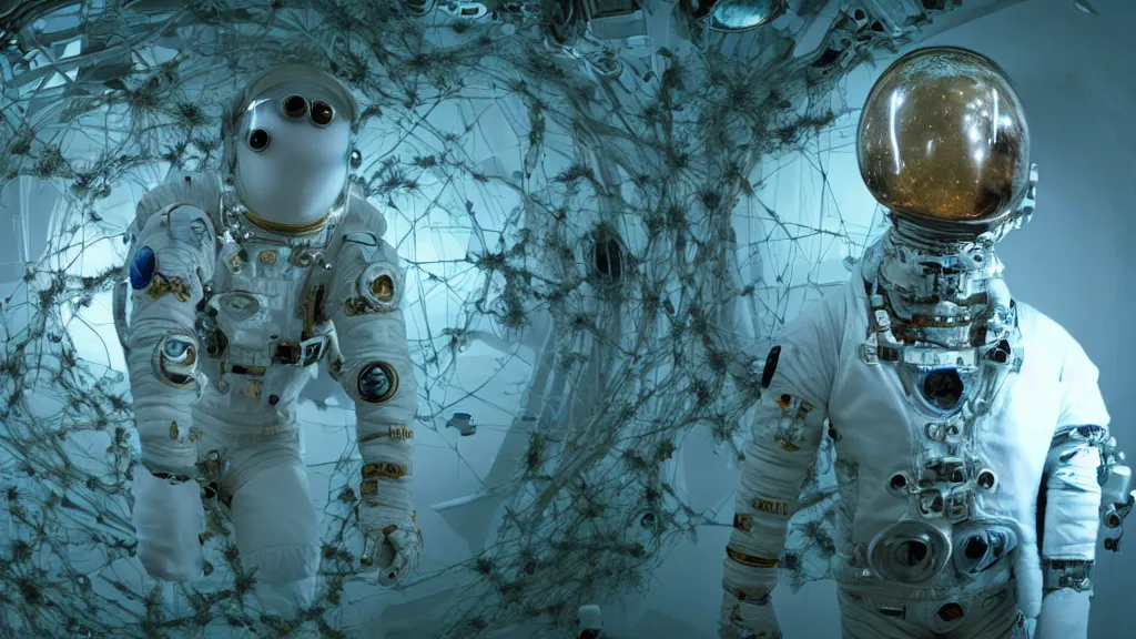 Image similar to a cybernetic symbiosis of a single astronaut eva suit with diamond 3d fractal lace iridescent bubble 3d skin covered with insectoid compound eye camera lenses floats through the living room, film still from the movie directed by Denis Villeneuve with art direction by Salvador Dalí, wide lens,