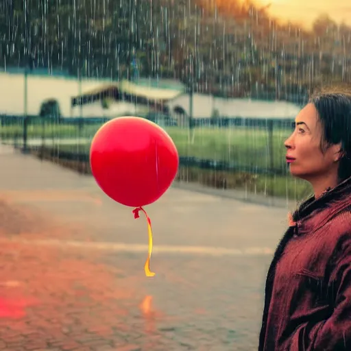 Prompt: A portrait of a lonely poor woman inflating and selling red balloons in a rainy weather at evening sunset