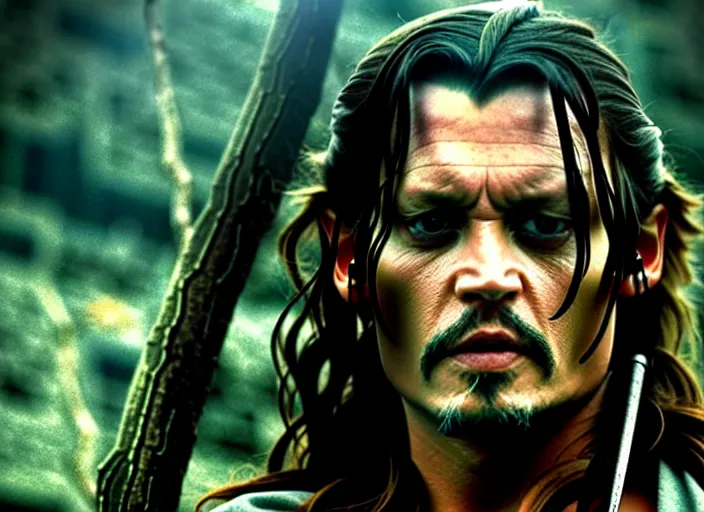 Prompt: filmstill johnny depp as aragorn, 1 0 0 mm lens, canon eos, red cinema camera, frontal view, dynamic pose, intricate, elegant, highly detailed, centered, redshift, octane, smooth, sharp focus, zeiss lens,