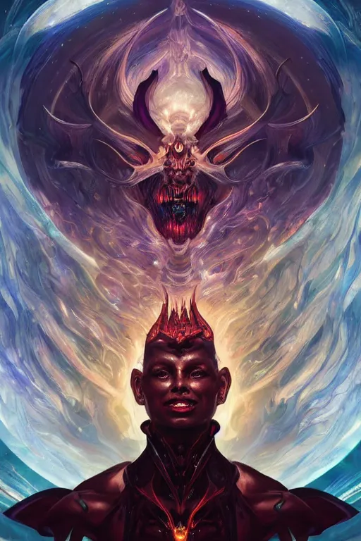 Image similar to portrait of a demonic galactic conqueror with inhuman body, galactic storms, nexus of the universe, godlike, full body, fantasy, intricate, elegant, highly detailed, digital painting, artstation, concept art, sharp focus, illustration, art by artgerm and greg rutkowski and alphonse mucha and ross tran