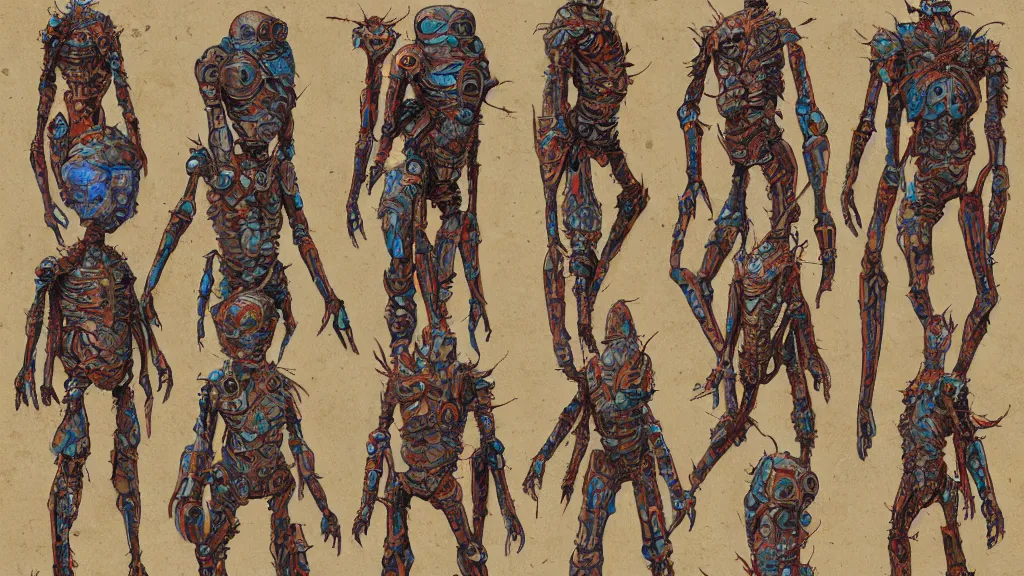 Image similar to aged paper, concept art, colorful character sheet for a male extraterrestrial cyborg multiple - eyes insect - headed warlord, retrofuture, fantastic planet, moebius, valerian, coherent, illustration, digital art, trending on artstation, hd, 8 k, good lighting, beautiful, rough paper, masterpiece