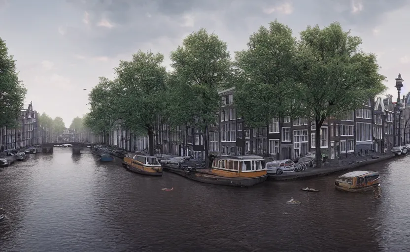 Prompt: amsterdam reclaimed by nature, a photorealistic painting by gregory crewdson, cgsociety, playstation 5 screenshot, matte painting, cryengine
