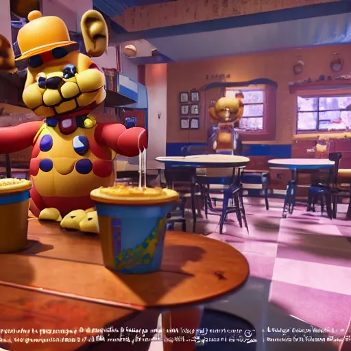 Prompt: A Still of Freddy Fazbear animatronic in the pizzeria on-stage in an animated Disney Pixar movie, 35mm f2.8, 4k, artstation, PBR materials, Pixar renderman render