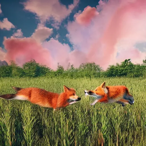 Prompt: foxes frolicking in a field made of cotton candy with a sky made of fire