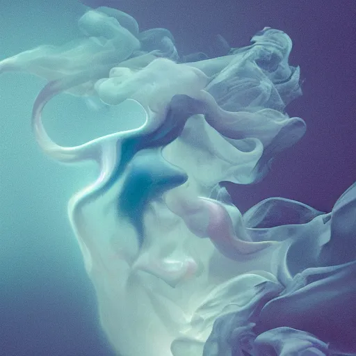 Image similar to A beautiful form made of pale blue smoke in the style of Aldo Katayanagi + Thick Milky Smoke + Mother Of Pearl +Milk and ink+ Iridescent smoky Elements + Moody Cinematic Lighting + Deep Shadows + Hyper Realistic + Maximalist Composition + Intricate Eldritch tendrils + 8K portrait + fluid dynamics