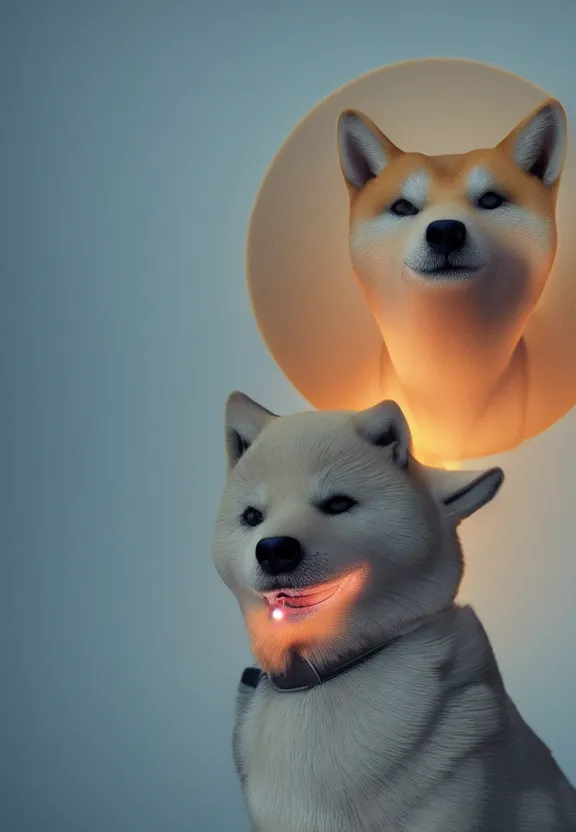 Image similar to a portrait of a shiba inu wearing a robe in heaven, circular, glowing, circle, unreal engine, octane render, artstation, digital art.