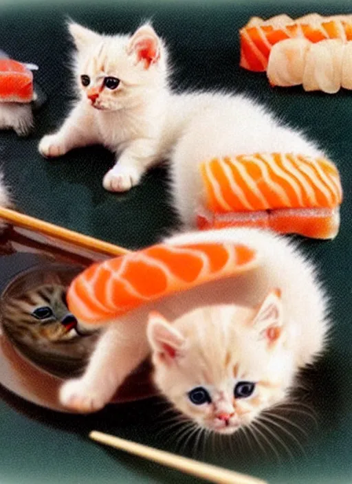 Image similar to clear photorealistic picture of adorable kittens made out of sushi