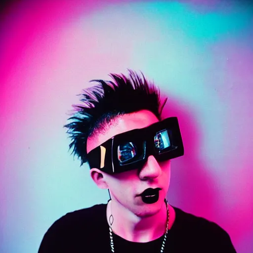 Image similar to kodak ektar 1 0 0 photograph of a nerdy goth guy with lip piercings wearing goggles and eclectic jewelry, moody lighting, telephoto, 9 0 s vibe, rave background, vaporwave colors, faded!,