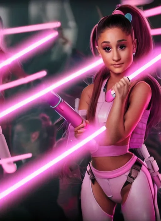 Image similar to An extremely detailed photo of Ariana Grande in the Star Wars universe with two pink lightsabers held in each hand. Maximum detail on artstation, photo realism, vivd details, vivd colour, volumetric lighting. anime art style