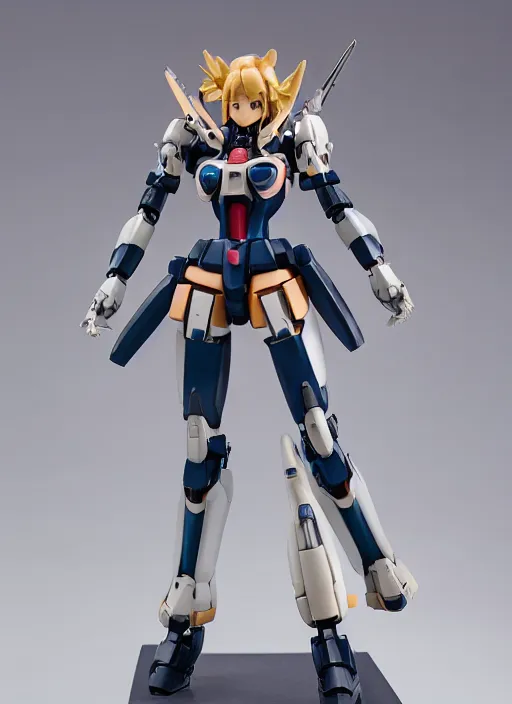 Image similar to toy design,Girl in mecha cyber Armor, portrait of the action figure of a girl, with bare legs， holding a weapon，gundam style， anime figma figure, studio photo, 70mm lens,