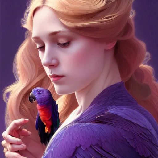 Image similar to portrait of a young blonde girl with a dark purple parrot, upper body, long hair, intricate, elegant, highly detailed, digital painting, artstation, concept art, matte, sharp focus, illustration, art by artgerm and greg rutkowski and alphonse mucha