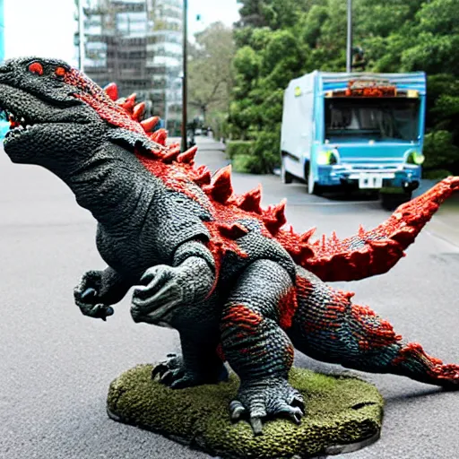 Image similar to high quality 3 d printed statue of godzilla stomping on cars