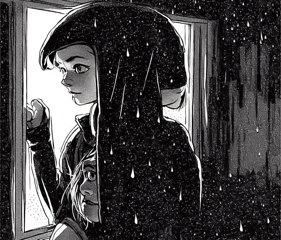 Prompt: outdoors : sadie sink in hoodie sits on windowsill, knees tucked in | rain falls at night : storyboard panel, scifi cyberpunk. by gabriel hardman, joe alves, chris bonura. cinematic atmosphere, detailed and intricate, perfect anatomy