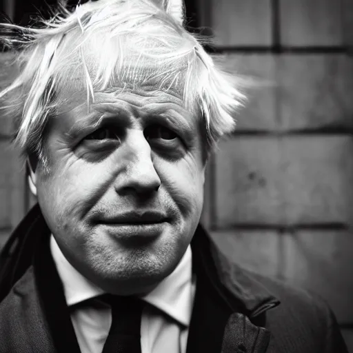 Image similar to Boris Johnson with half face missing, morbid, evil, dark photography, realistic, candid street portrait in the style of Rehahn award winning, Sony a7R,