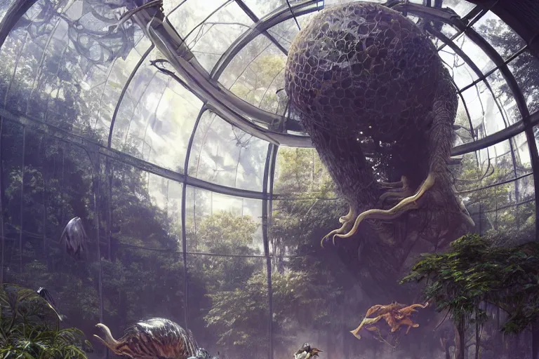 Prompt: People watching and taking pictures of a giant mygale locked in a huge terrarium located in a futuristic zoo, hyperdetailed, artstation, cgsociety, by greg rutkowski, by Gustave Dore