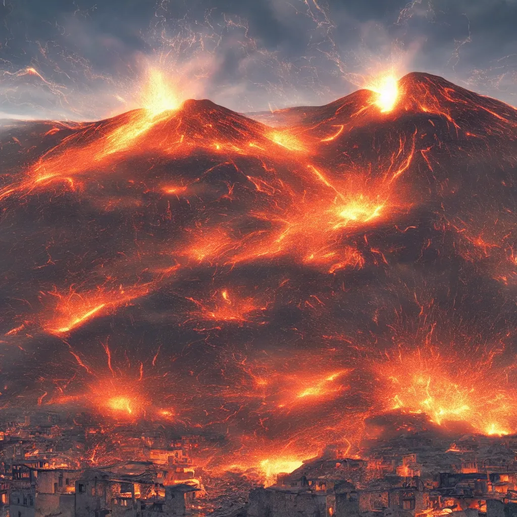 Image similar to Grand Pompeii city facing the erupting volcano, by Sebastian Luca photorealistic cinematic volume lighting