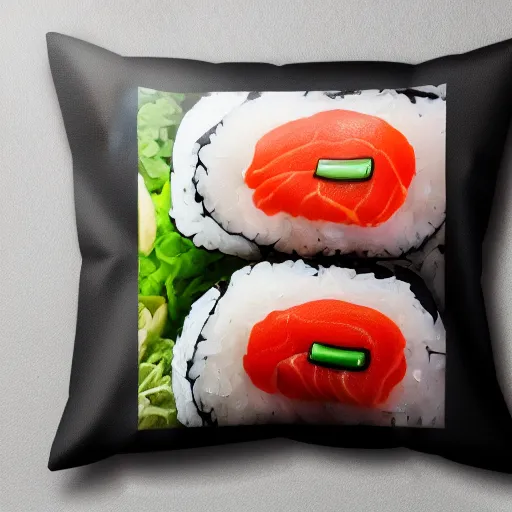 Image similar to a sushi pillow, product photography, highly detailed, epic lighting, hyper photorealism, 8 k