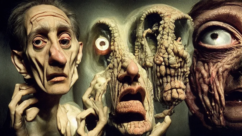 Prompt: museum of strange faces, glowing oil, film still from the movie directed by denis villeneuve and david cronenberg with art direction by salvador dali and dr. seuss