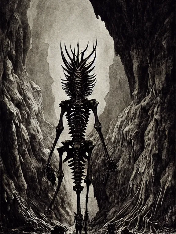 Prompt: A spiked horned skeleton with armored joints stands in a large cave. Massive bones on the shoulders. Extremely high detail, realistic, fantasy art, solo, masterpiece, bones, ripped flesh, art by Zdzisław Beksiński, Arthur Rackham, Dariusz Zawadzki