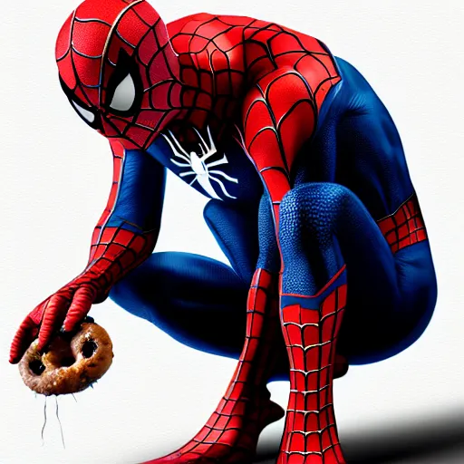 Image similar to spider - man sit on the raccoon and eating donuts, concept art, trending on artstation, highly detailed, intricate, sharp focus, digital art, 8 k