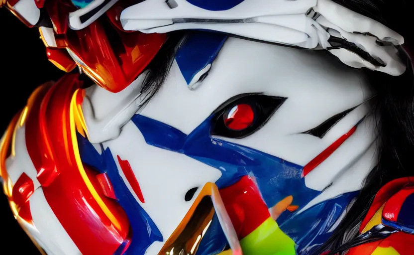 Image similar to beautifully lit medium close up photo of a white marble statue of an anime girl with colorful motocross logos and motorcycle helmet with closed visor, colorful smoke in the background, carved marble statue, fine art, neon genesis evangelion, virgil abloh, offwhite, denoise, highly detailed, 8 k, hyperreal