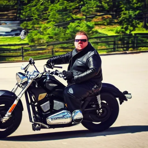 Prompt: a fat white guy on a motorcycle wearing sunglasses and a black leather jacket