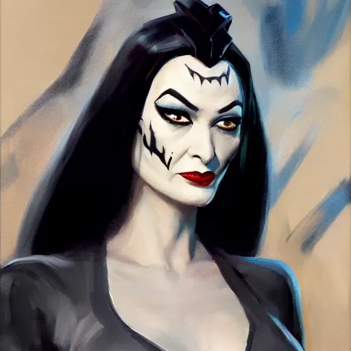 Image similar to greg manchess portrait painting of partially armored morticia from addams family as overwatch character, medium shot, asymmetrical, profile picture, organic painting, sunny day, matte painting, bold shapes, hard edges, street art, trending on artstation, by huang guangjian and gil elvgren and greg rutkowski