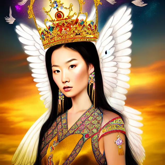 Image similar to beautiful asian mongolian princess goddess with angelic wings in a sensual pose, princess wearing a crown with gemstones, near lake baikal, atmospheric lighting, intricate, volumetric lighting, beautiful, sharp focus, ultra detailed, in the art style of bagshaw tom