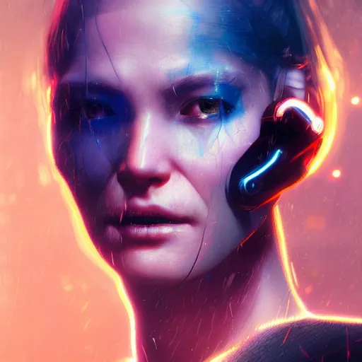 Image similar to a expressive portrait photograph of cyberpunk woman in dramatic lighting, depth of field background, artstation, award - winning realistic sci - fi concept art by jim burns and greg rutkowski, a realism masterpiece, expressive color palette, james gilleard, bruegel, alphonse mucha, and yoshitaka amano