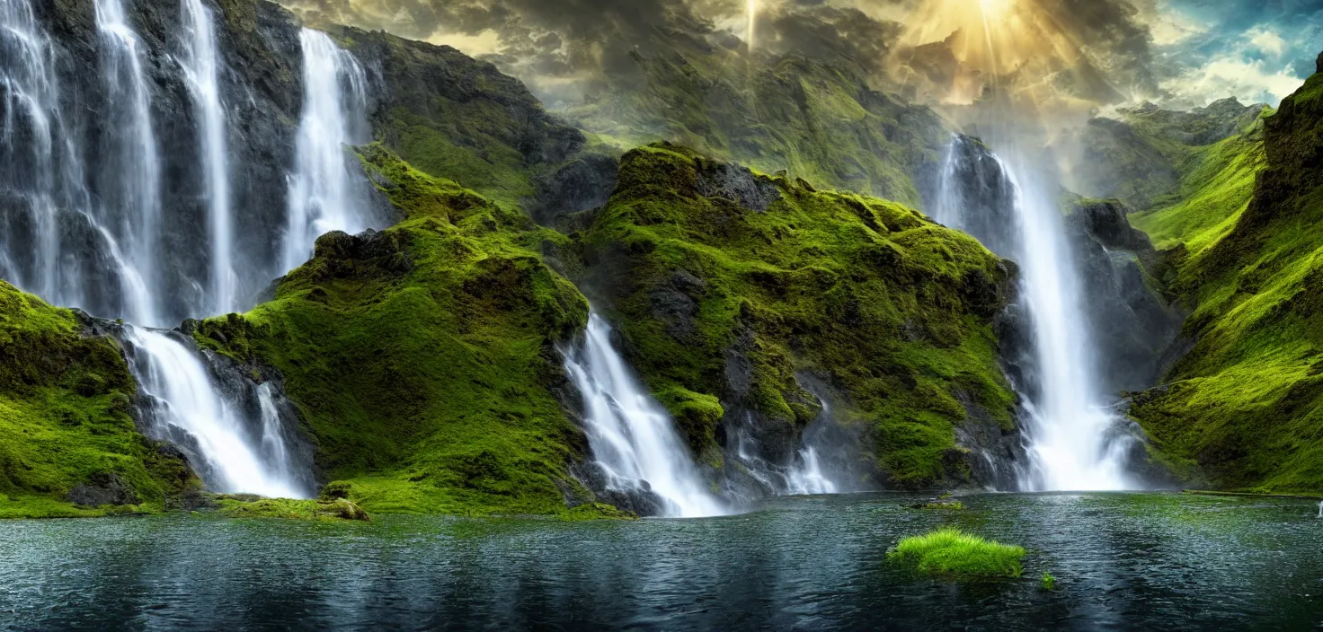 Image similar to a waterfall in the middle of a mountain range, a detailed matte painting by hallsteinn sigurðsson, shutterstock contest winner, naturalism, uhd image, creative commons attribution