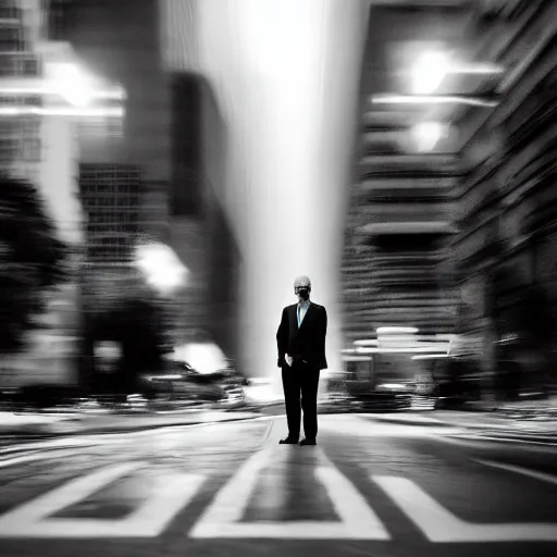 Image similar to joe biden standing in a city street in the middle of a stormy night, award winning long exposure photography