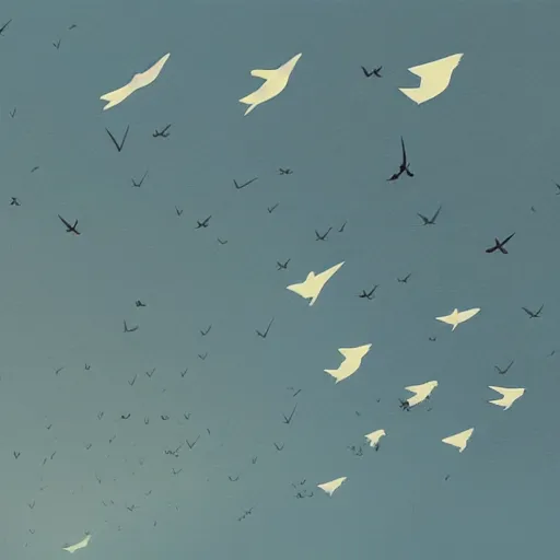 Image similar to Migratory path of birds in the sky, ilustration art by Goro Fujita