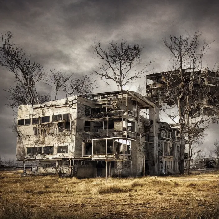 Image similar to a building in a serene landscape, post - apocalyptic fiction