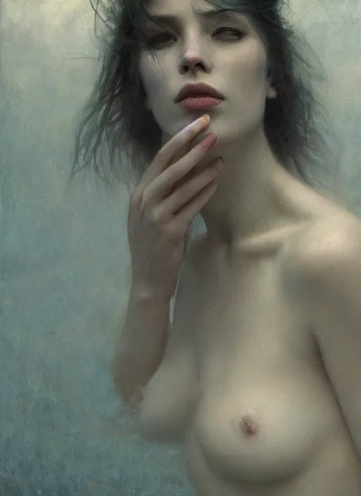 Prompt: underwater and dreaming, back lighting, murky cloudy windy by jeremy lipkin, jesper ejsing, dino valls, rule of thirds, seductive look, beautiful
