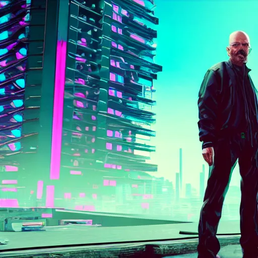 Image similar to walter white from breaking bad in cyberpunk 2 0 7 7 with futuristic city, 4 k, hyper realistic, synthwave, vapor wave, futuristic, advanced