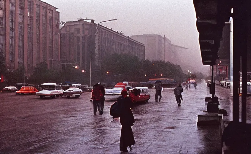 Prompt: 70s movie still of a sovietic street with pedestrians with soviet highrise in the backround , Cinestill 800t 18mm ektachrome color, heavy grainy picture, very detailed, high quality, 4k panoramic, HD criterion, dramatic lightning, neon billboards and streetlight at night, rain, mud, foggy, gigantic red lenin portrait on the wall, soviet flags
