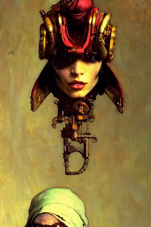 Image similar to full character portrait max mad cyberpunk warhammer 4 0 k, tech priest not the girl with the pearl earring character design, painting by gaston bussiere, katsuya terada, wyeth, greg rutkowski, craig mullins, ( ( ( ( ( vermeer ) ) ) ) ), frank frazetta, mucha, tom of finland, trending on artstation