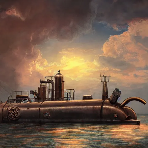 Prompt: steampunk submarine near a dock, digital art, painterly style, epic composition, hd, 4 k, professional, intricate detail