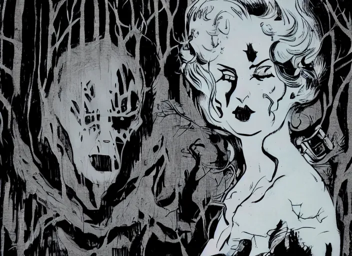 Image similar to 1940's Ghost Woman in the woods, detailed, comic book texture, bats, 4k symmetrical portrait, Ashley wood, Mike Mignola, trending on artstation, Norman Saunders