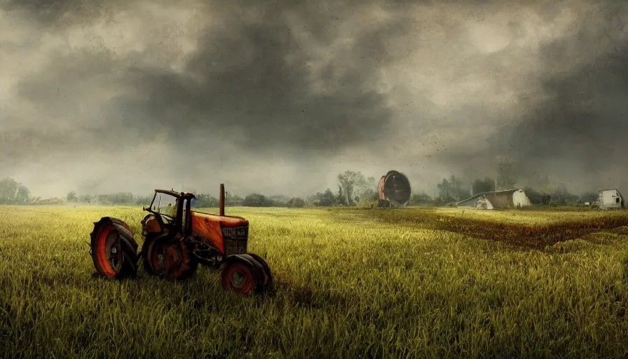 Image similar to abandoned old 2 0 0 0's belgian farm with vegetation, abandoned rusted tractor, morning, hyperdetailed, artstation, cgsociety, 8 k