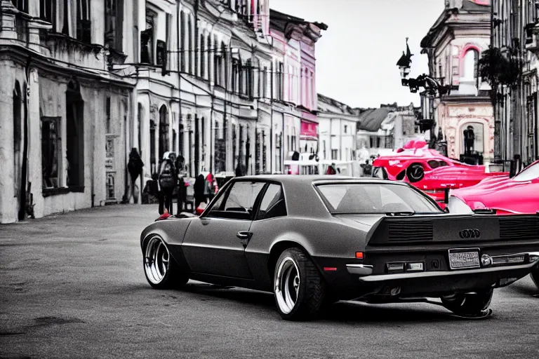 Image similar to audi camaro b 1 ( 1 9 6 9 ) drifting, need for speed : carbon, neon lines, lviv historic centre, ultra phonk, phonk music background, smoke behind wheels, noise, dark, establishing shot