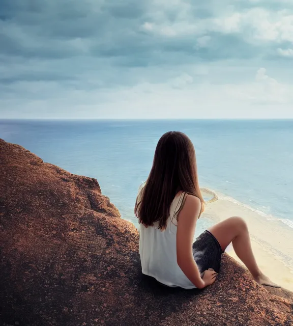 Prompt: a 4 k photorealistic photo of a girl sitting on a cliff overlooking a beach