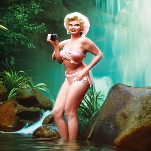 Image similar to a very beautiful sundance award winning image of jayne mansfield under a tropical waterfall, full body, pale pink bikini, pink lipstick, detailed kissy face, cinematic lightning, golden hour, medium shot, alexa mini, cryengine, raytracing, 4 k, cinematic wallpaper by gil elvgren, robert maguire, rudolf belarski