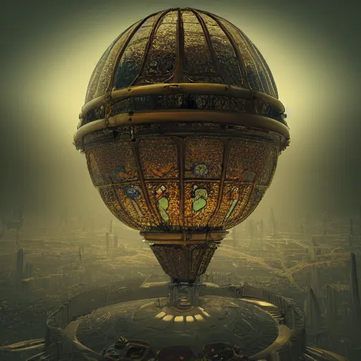 Image similar to enormous flying city in a faberge egg, sky, steampunk, fantasy art, unreal engine, chaotic