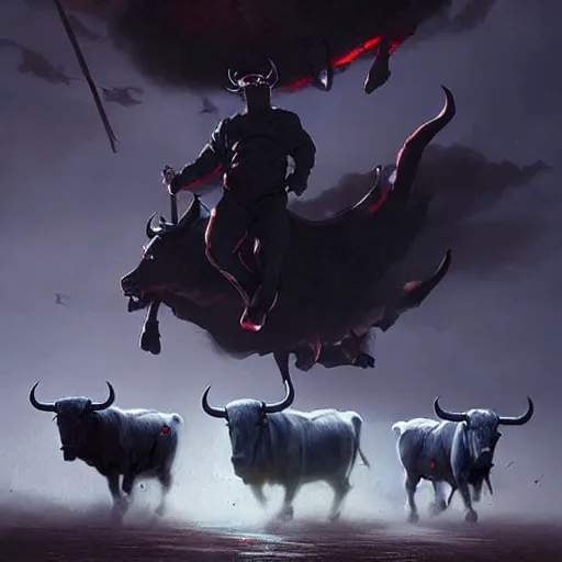 Image similar to ghostly demonic bulls charging across the night sky while a cowboy is watching from below epic concept art, epic painting, artstation, realistic, by greg rutkowski