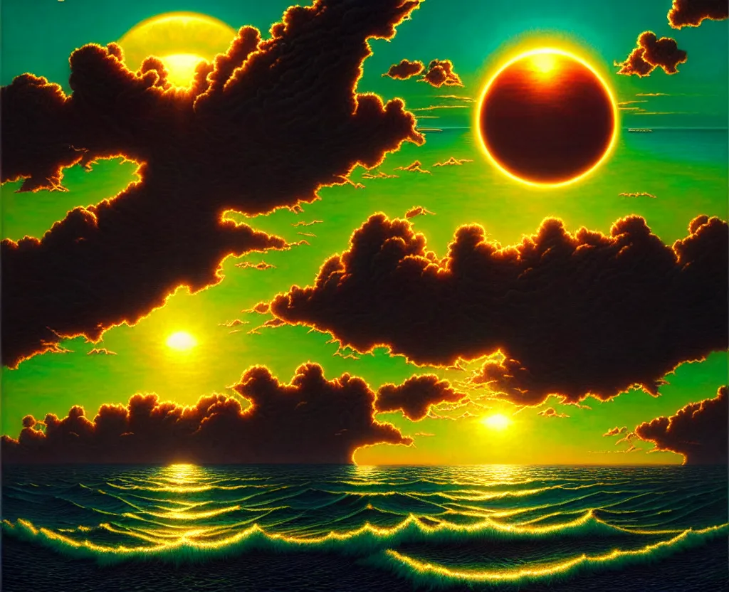 Image similar to the sun rising just above the horizon over the sea by dan mumford and vladimir kush and donato giancola and ted withers and peter driben and greg rutkowski and roberto ferri, green water, synthwave, retrowave, highly detailed, high contrast, intricate details, blended palette