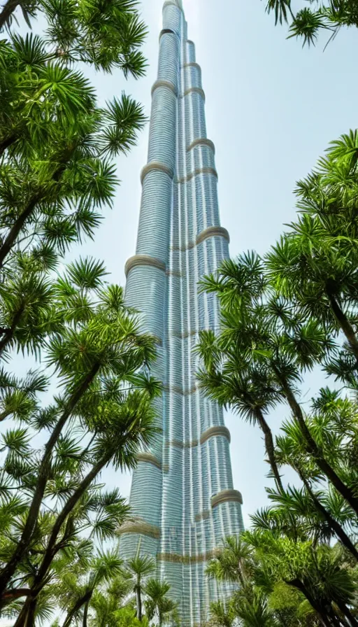 Prompt: the burj khalifa in a beautiful green metropolis surrounded by plants, trees and greenery.