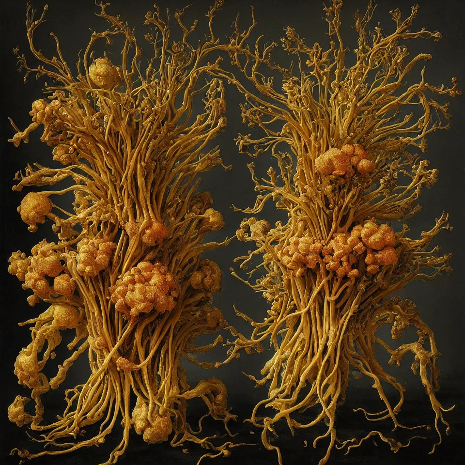 Prompt: dutch golden age bizarre ginger roots portrait made from withering flowers floral still life with very detailed ginseng rhizome and dry roots disturbing fractal forms sprouting up everywhere by rachel ruysch black background chiaroscuro dramatic lighting perfect composition high definition 8 k oil painting with black background by christian rex van dali todd schorr of a chiaroscuro portrait recursive masterpiece